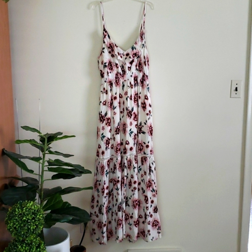 Jack BB Dakota maxi dress, floral, tiered, ruffle chest, spaghetti straps, lace